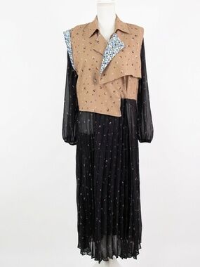 GAVANO Qualitaly Mixed Floral Pleated Maxi Dress Trench Style Bodice Size 46 L